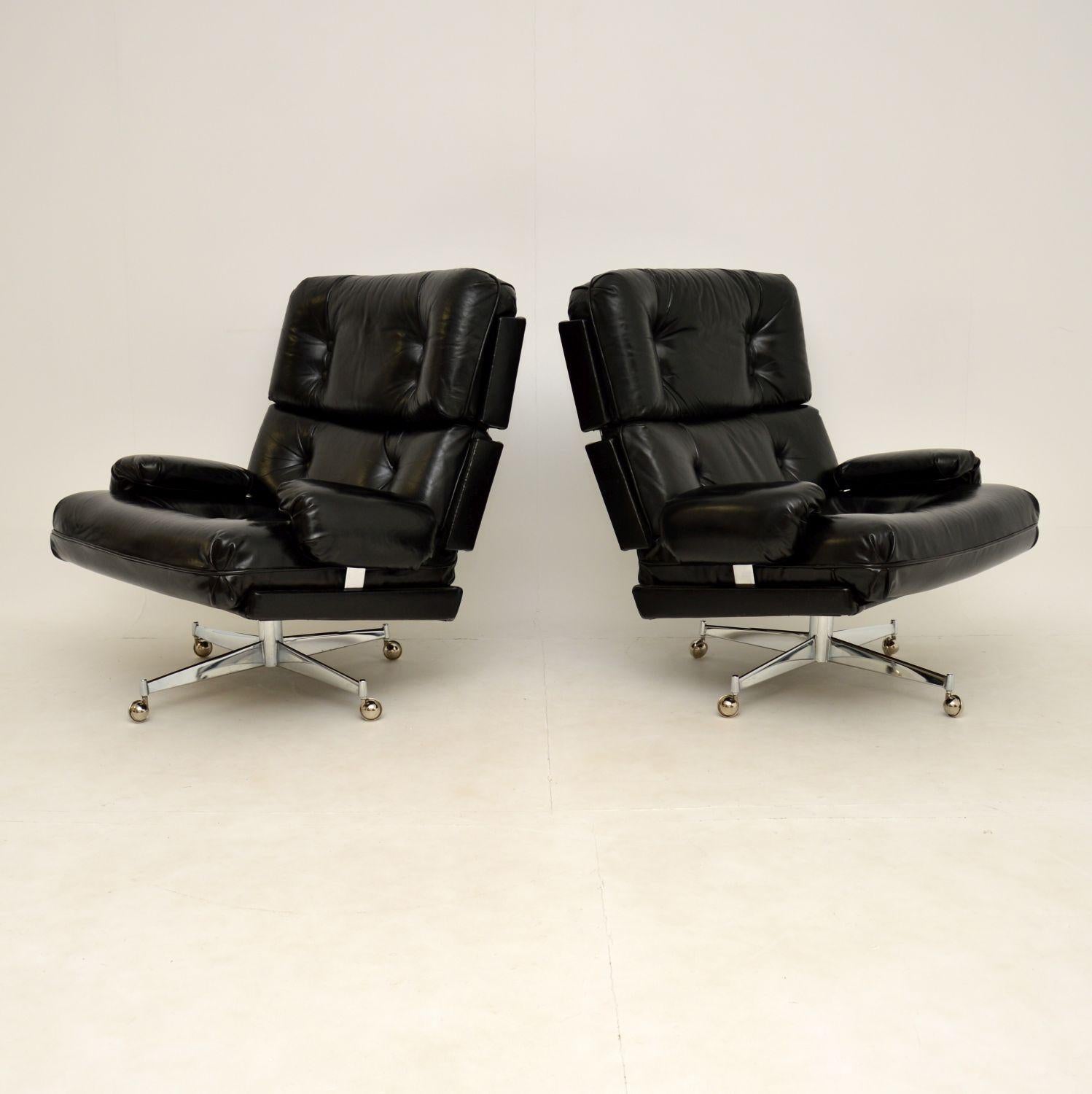 Mid-Century Modern Pair of Vintage Leather / Chrome Armchairs & Ottoman by Howard Keith