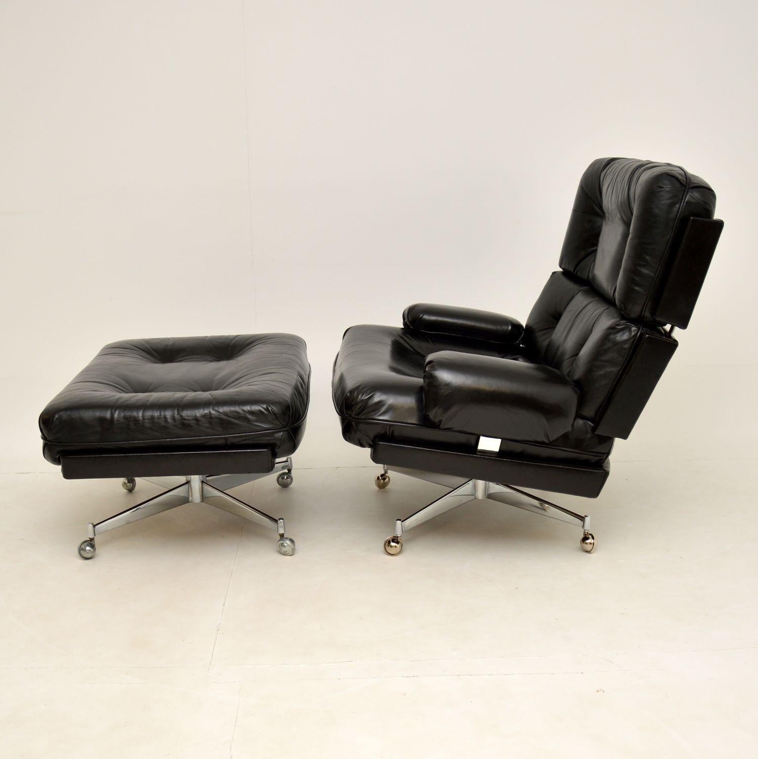Pair of Vintage Leather / Chrome Armchairs & Ottoman by Howard Keith In Good Condition In London, GB