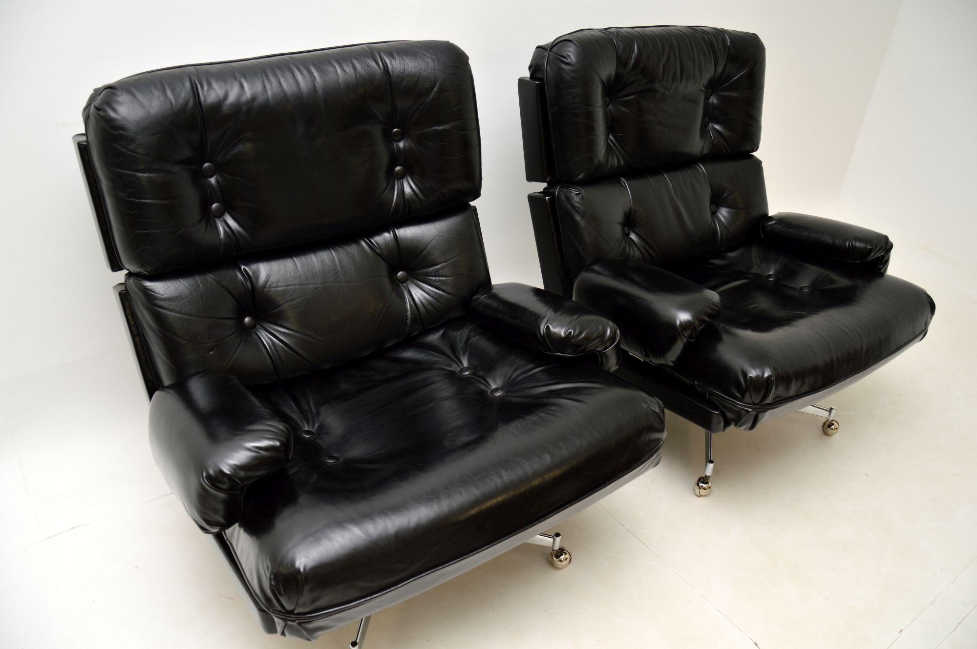 Mid-20th Century Pair of Vintage Leather / Chrome Armchairs & Ottoman by Howard Keith