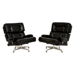 Pair of Retro Leather / Chrome Armchairs & Ottoman by Howard Keith