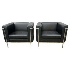 Pair of Vintage leather chrome frame lounge chairs style of Le Corbusier LC3
