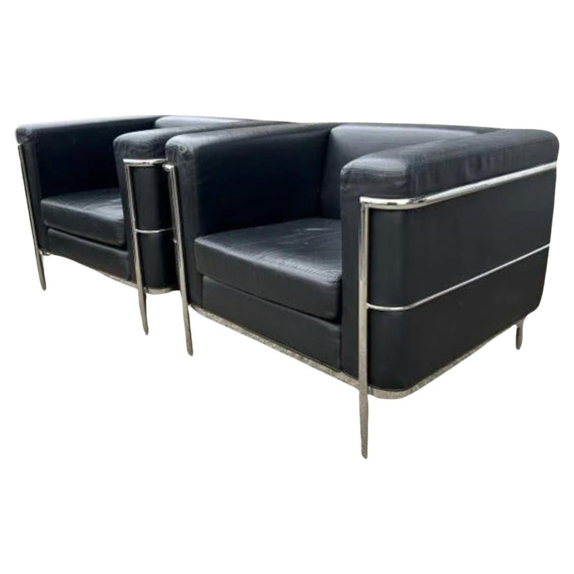 Pair of Vintage leather chrome frame lounge chairs style of Le Corbusier LC3 In Good Condition For Sale In BROOKLYN, NY