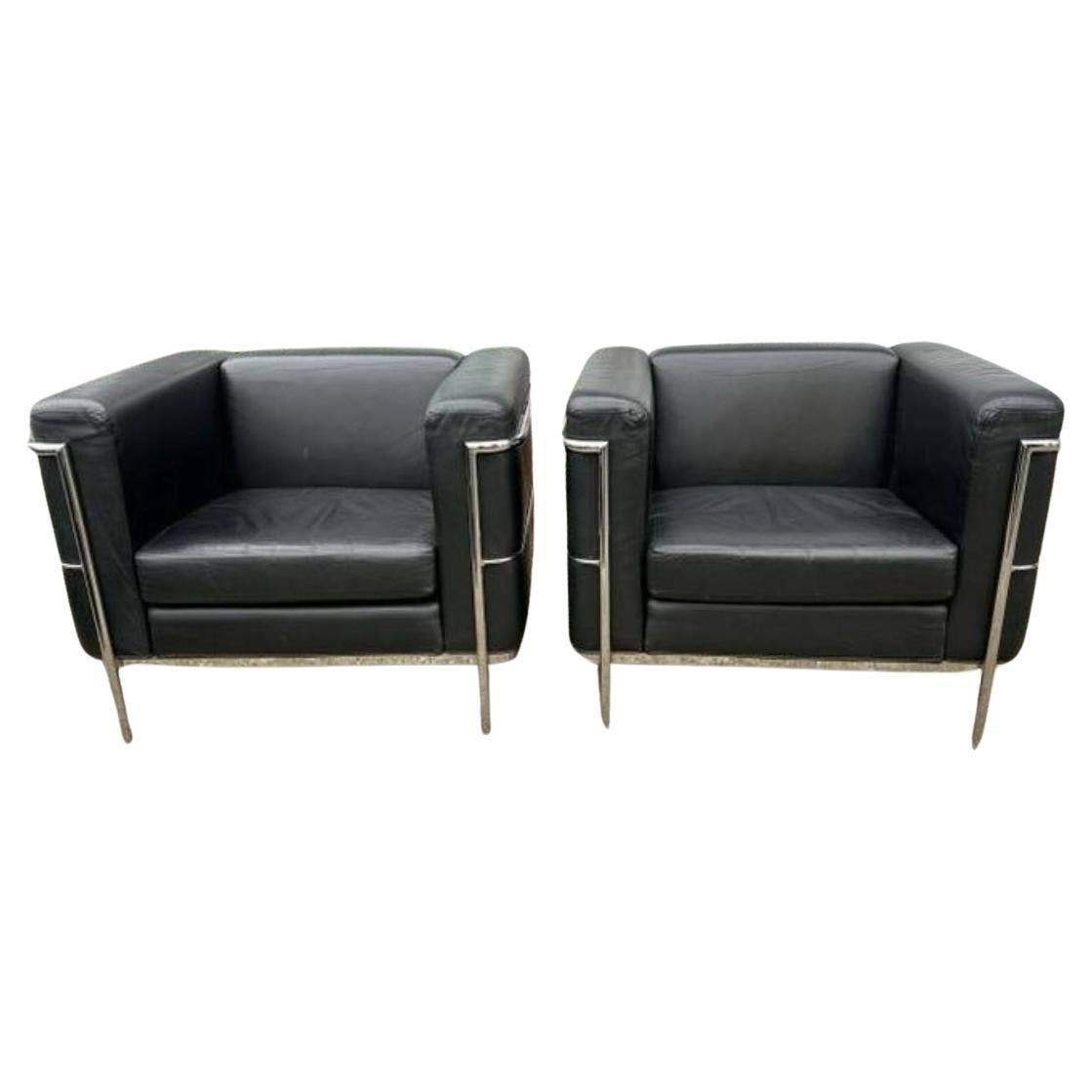 Pair of Vintage leather chrome frame lounge chairs style of Le Corbusier LC3