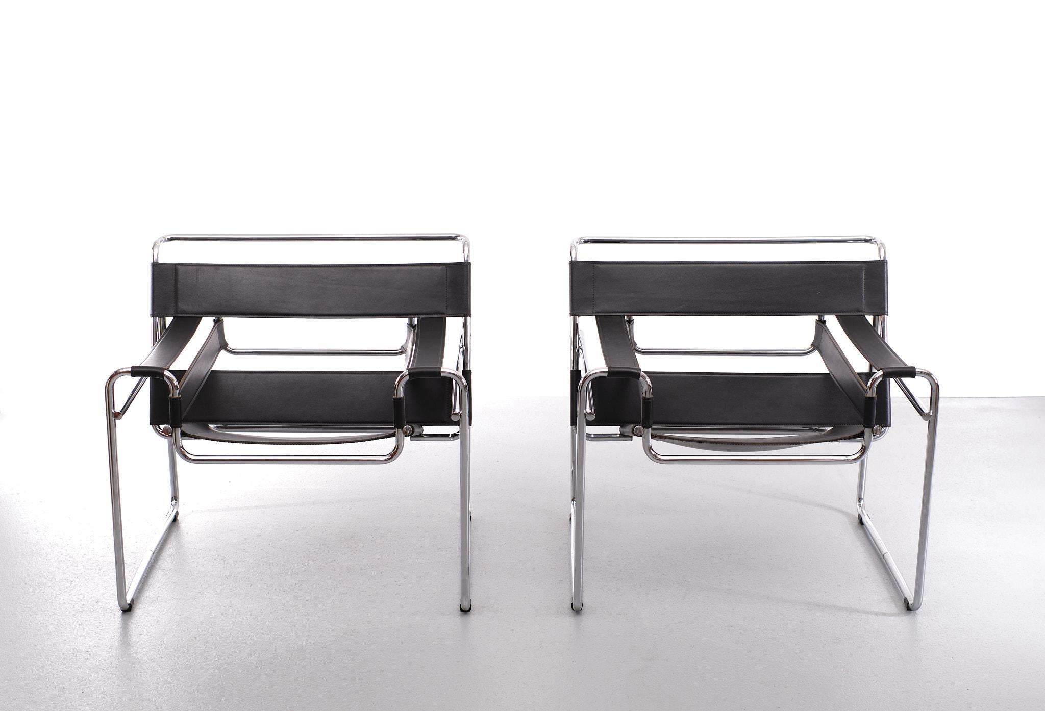 A pair of iconic Wassily armchairs, designed by Marcel Breuer in the 1920’s. They are made from tubular chromed steel and high quality leather. This is a very high quality pair dating from the 1970’s, they are unmarked so we are not sure who made