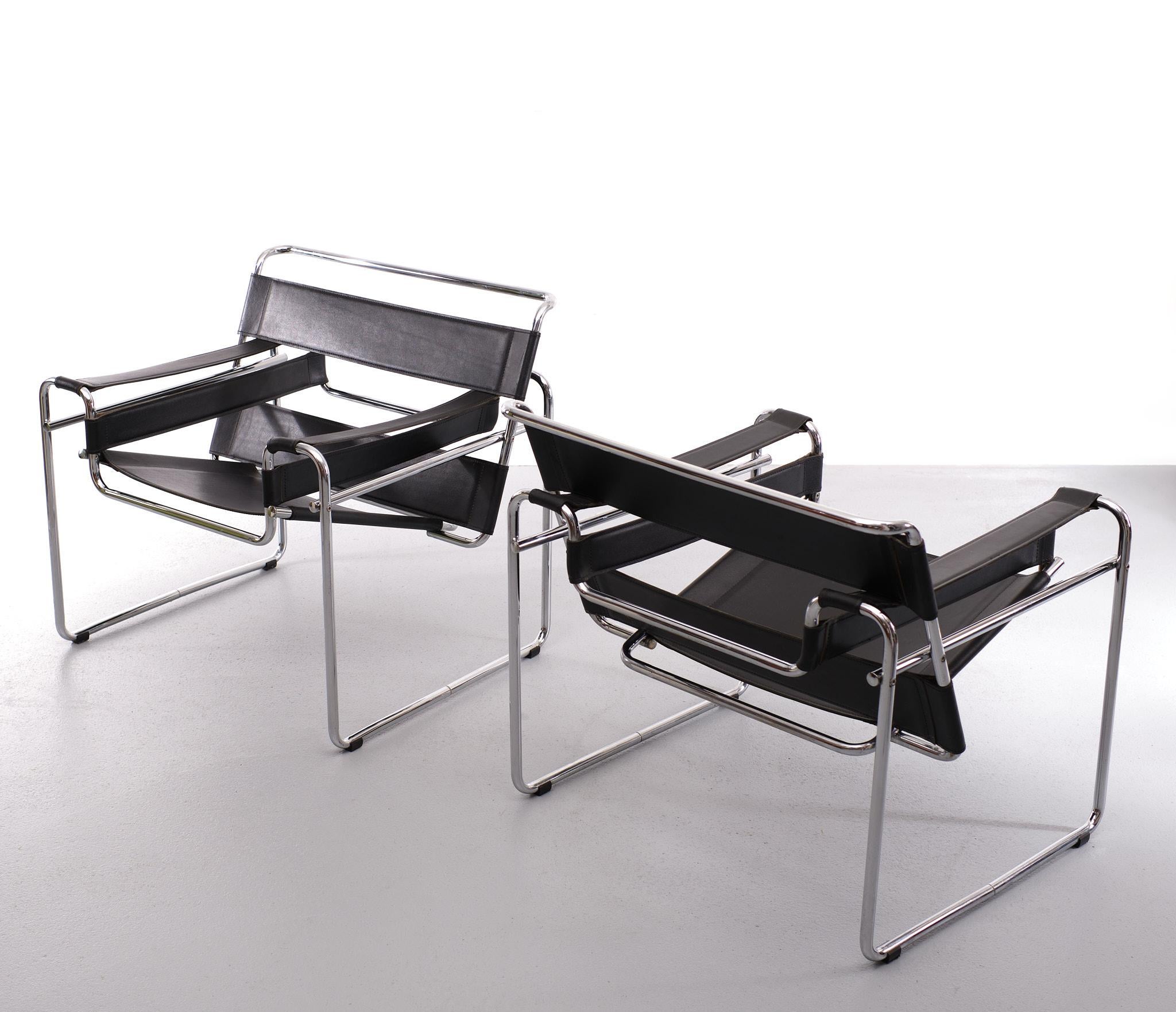 Bauhaus Pair of Vintage Leather & Chrome Wassily Armchairs 1970s