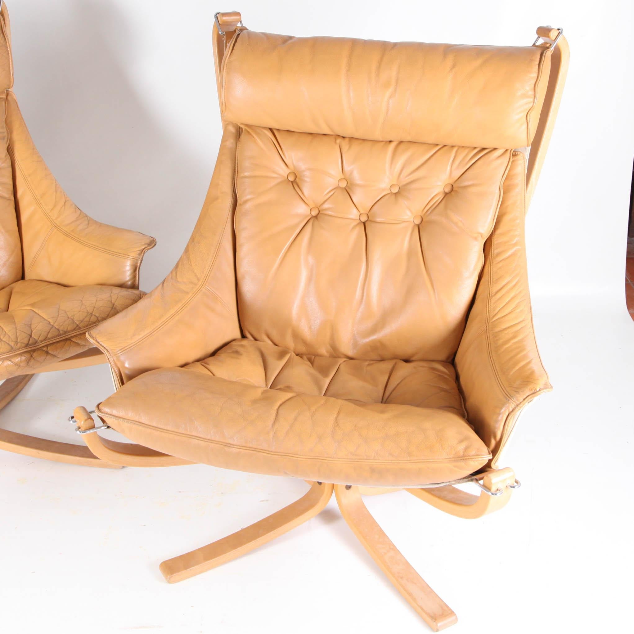 Pair of vintage leather 'Falcon' Bergeres by sigurd Ressell.