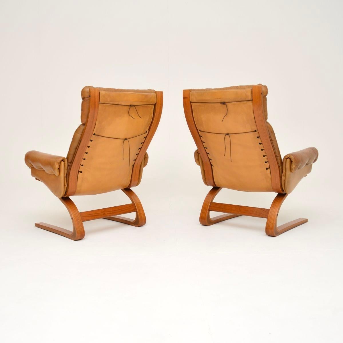 Norwegian Pair of Vintage Leather Kengu Armchairs by Elsa and Nordahl Solheim for Rykken For Sale