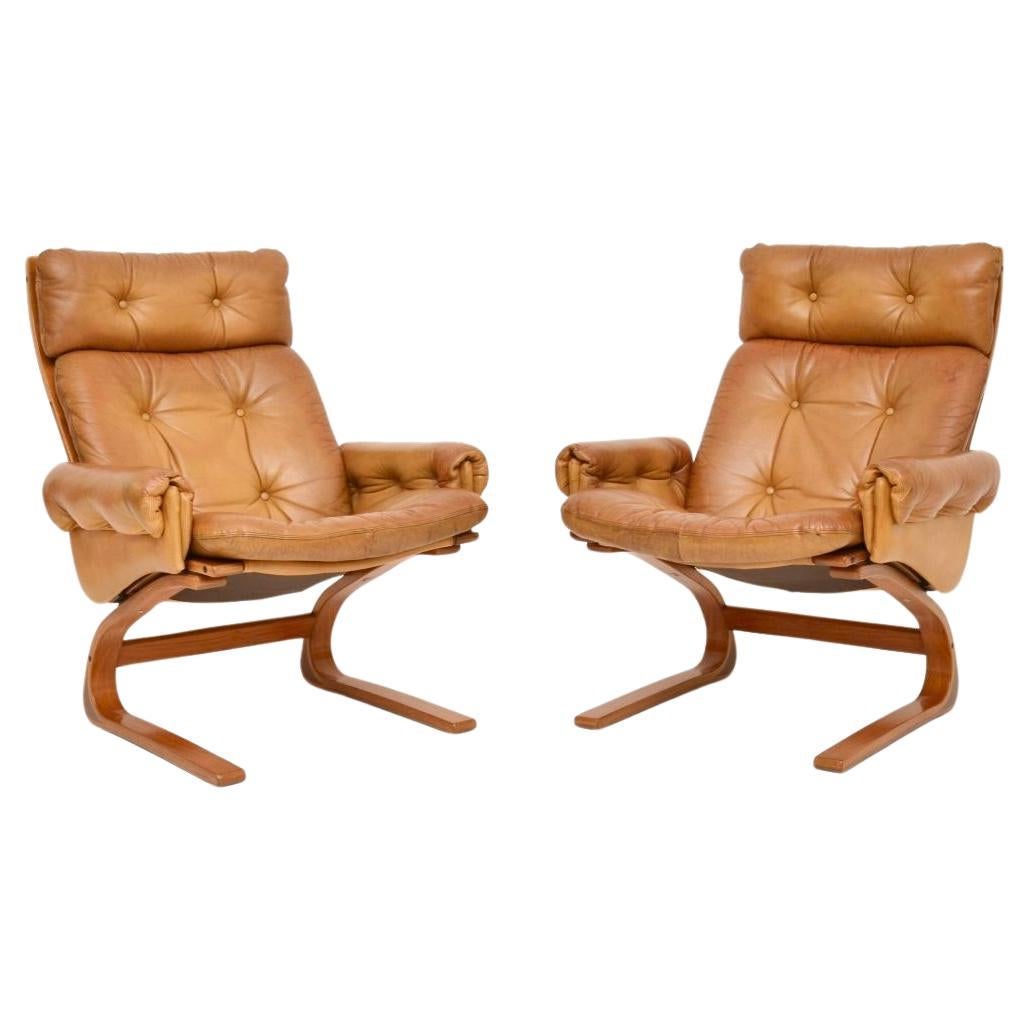 Pair of Vintage Leather Kengu Armchairs by Elsa and Nordahl Solheim for Rykken For Sale