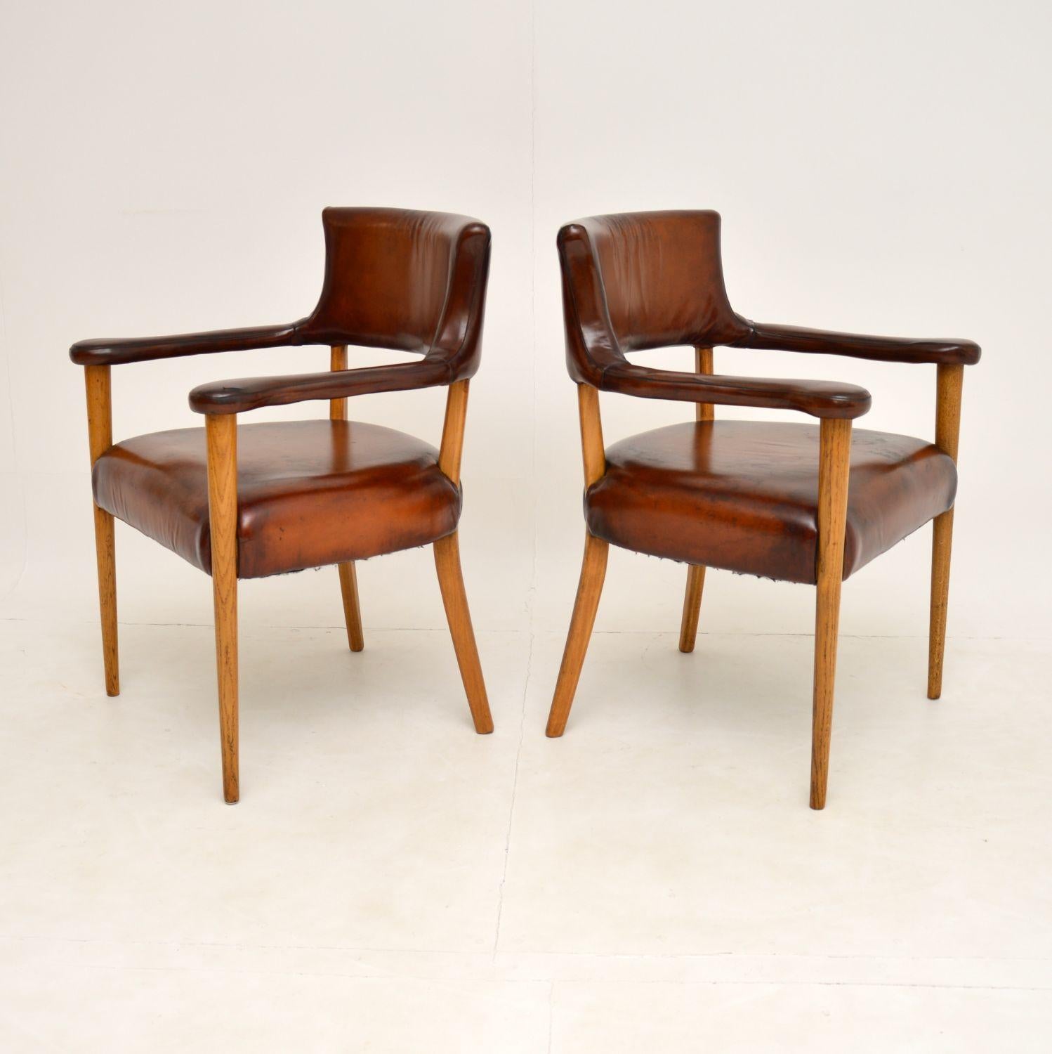 Mid-Century Modern Pair of Vintage Leather & Oak Armchairs, c.1960’s