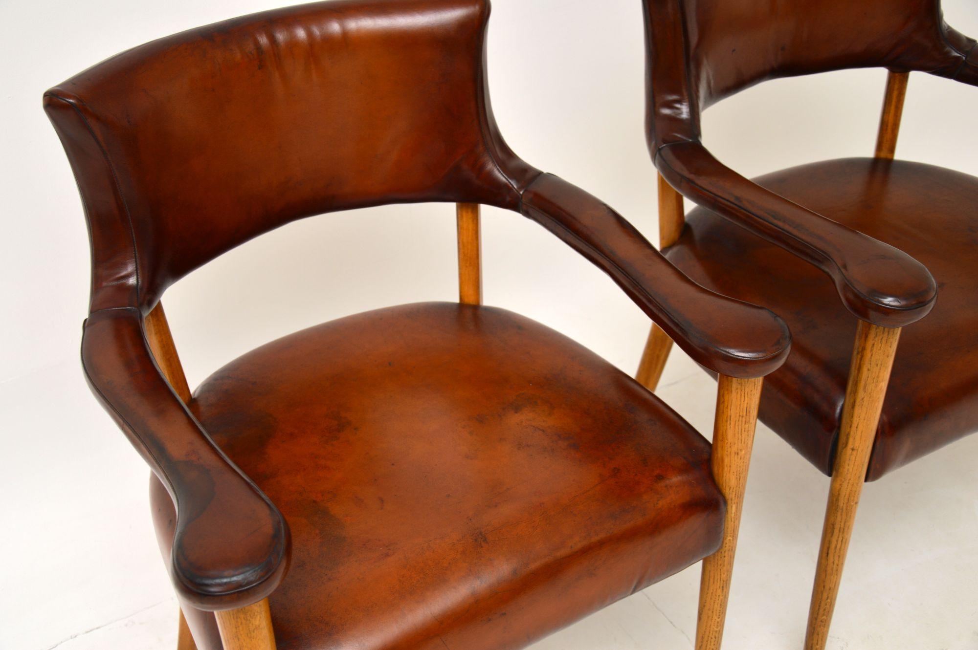 Danish Pair of Vintage Leather & Oak Armchairs, c.1960’s