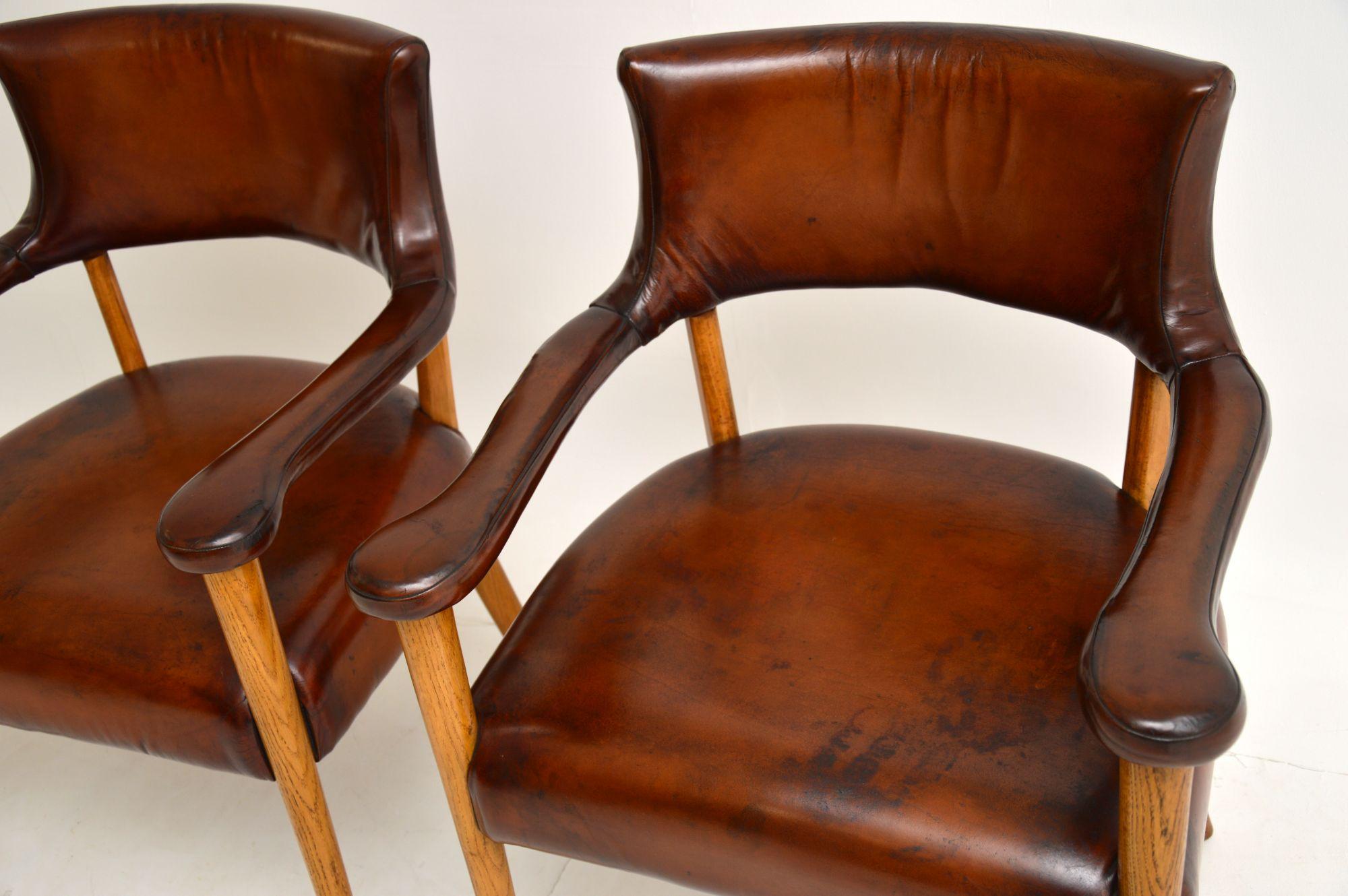 Pair of Vintage Leather & Oak Armchairs, c.1960’s In Good Condition In London, GB