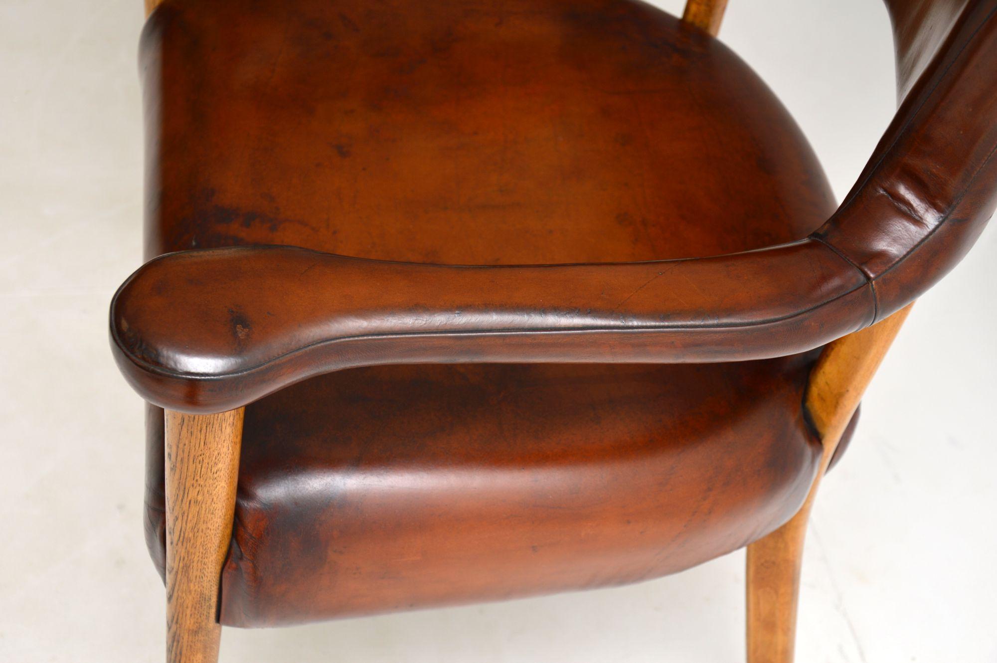 Pair of Vintage Leather & Oak Armchairs, c.1960’s 2