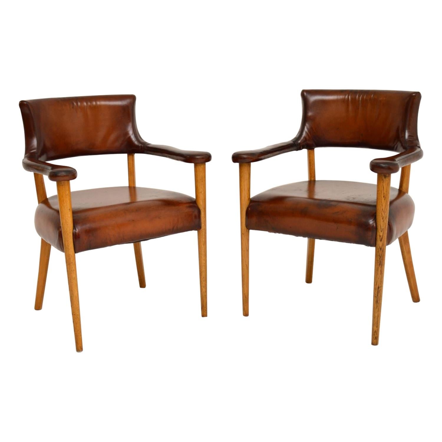 Pair of Vintage Leather & Oak Armchairs, c.1960’s