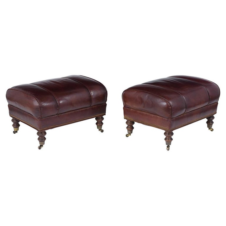 Pair of Brown Leather Ottomans For Sale at 1stDibs