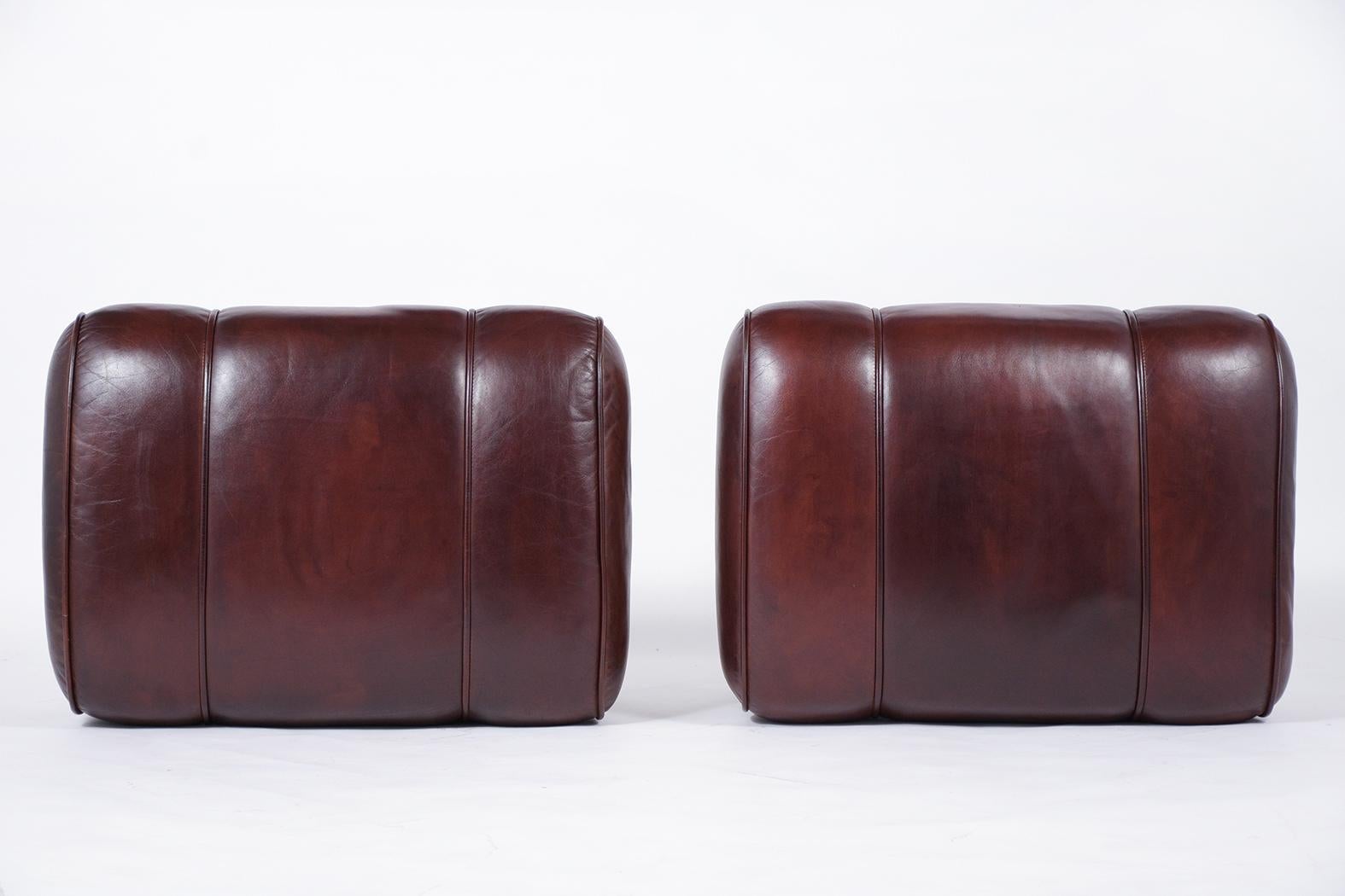 Chesterfield Pair of Brown Leather Ottomans