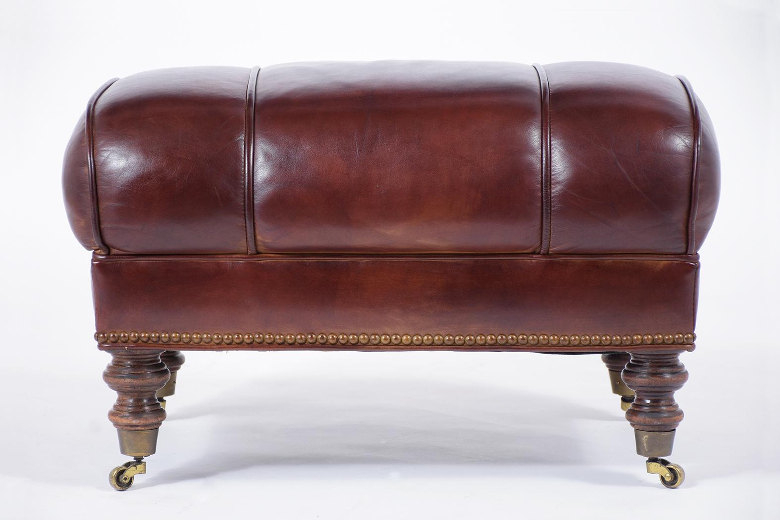 American Pair of Brown Leather Ottomans