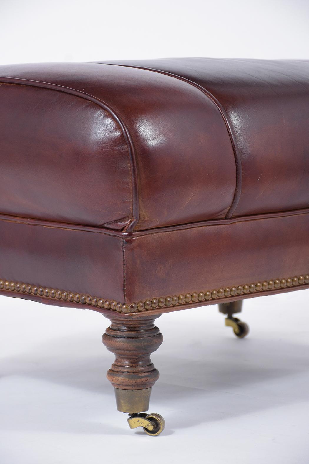 Carved Pair of Brown Leather Ottomans