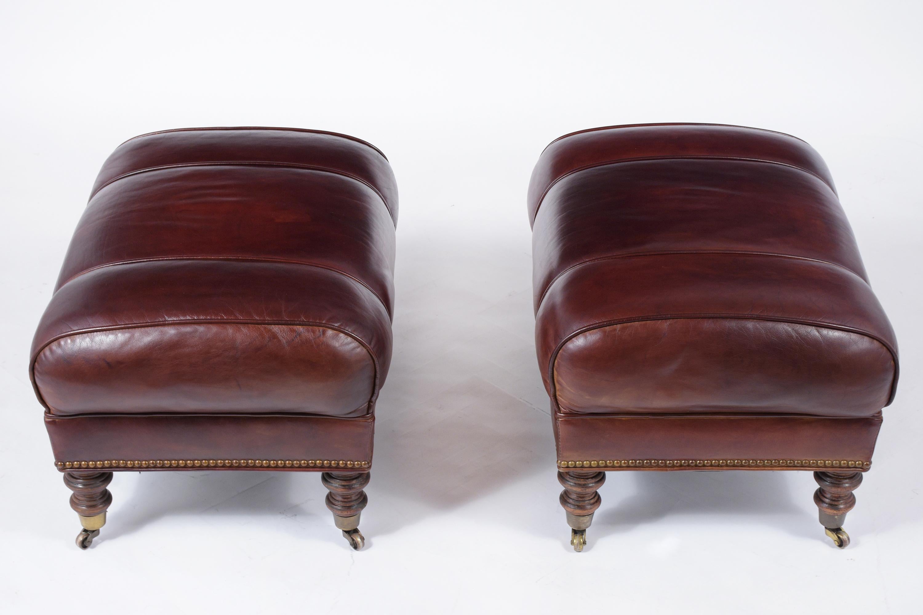Pair of Brown Leather Ottomans In Good Condition In Los Angeles, CA