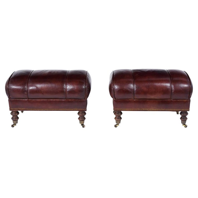 Pair of Brown Leather Ottomans For Sale at 1stDibs