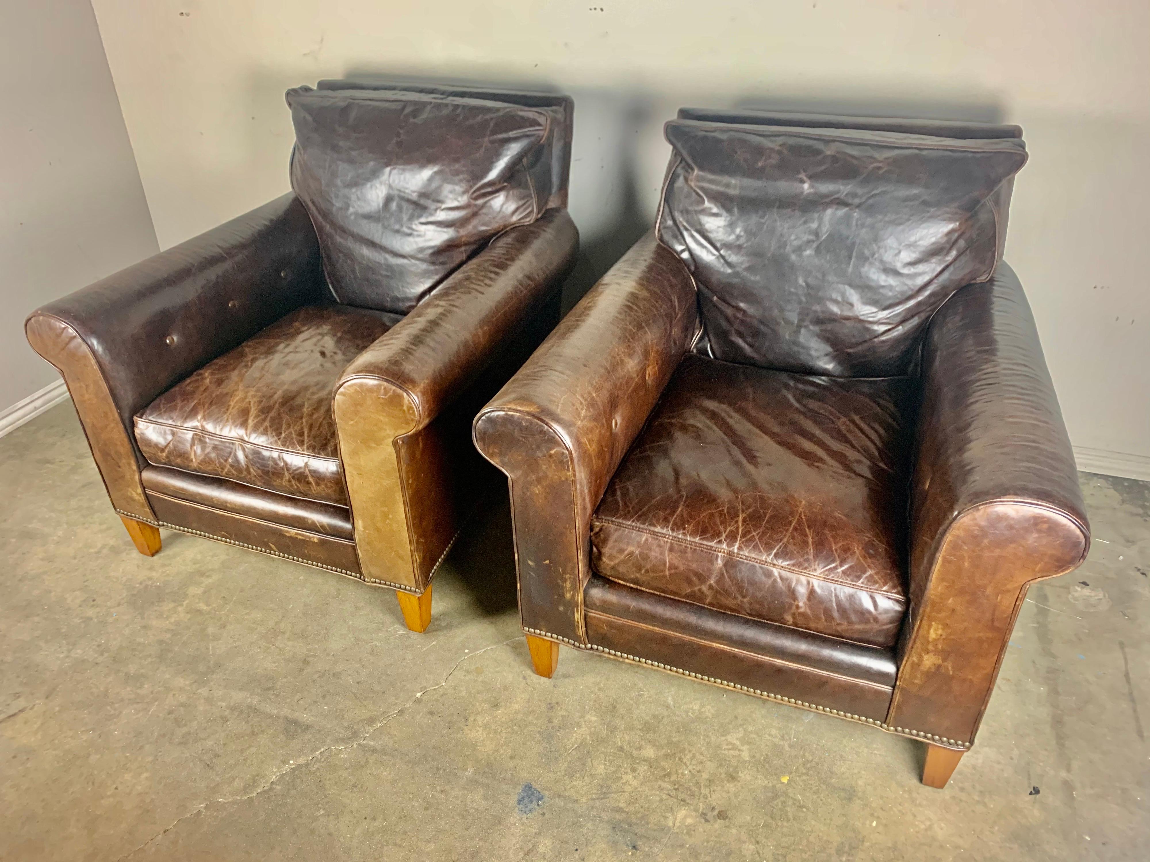 Art Deco Pair of Vintage Leather Ralph Lauren Club Chairs, Mid-20th Century