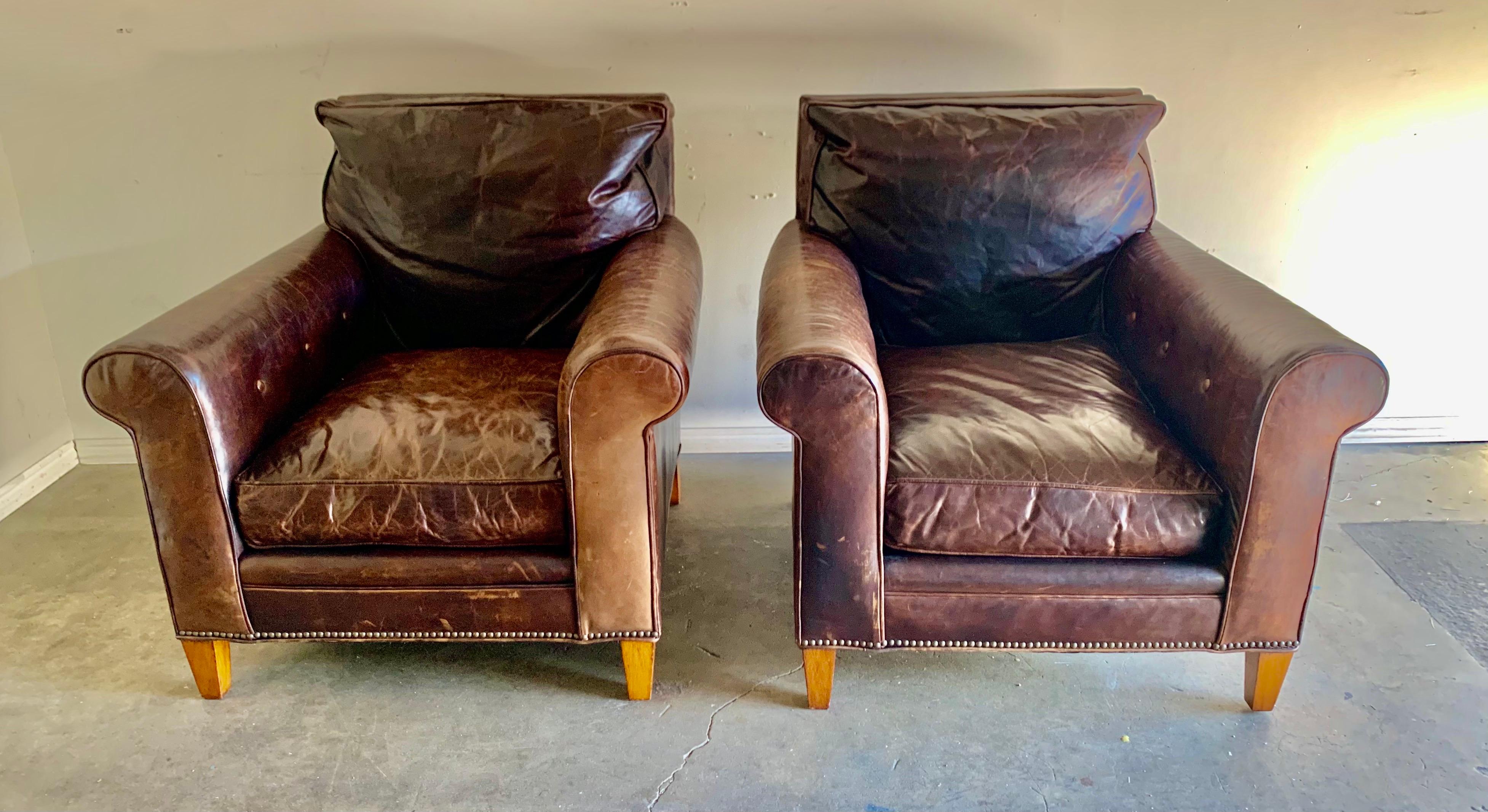 North American Pair of Vintage Leather Ralph Lauren Club Chairs, Mid-20th Century