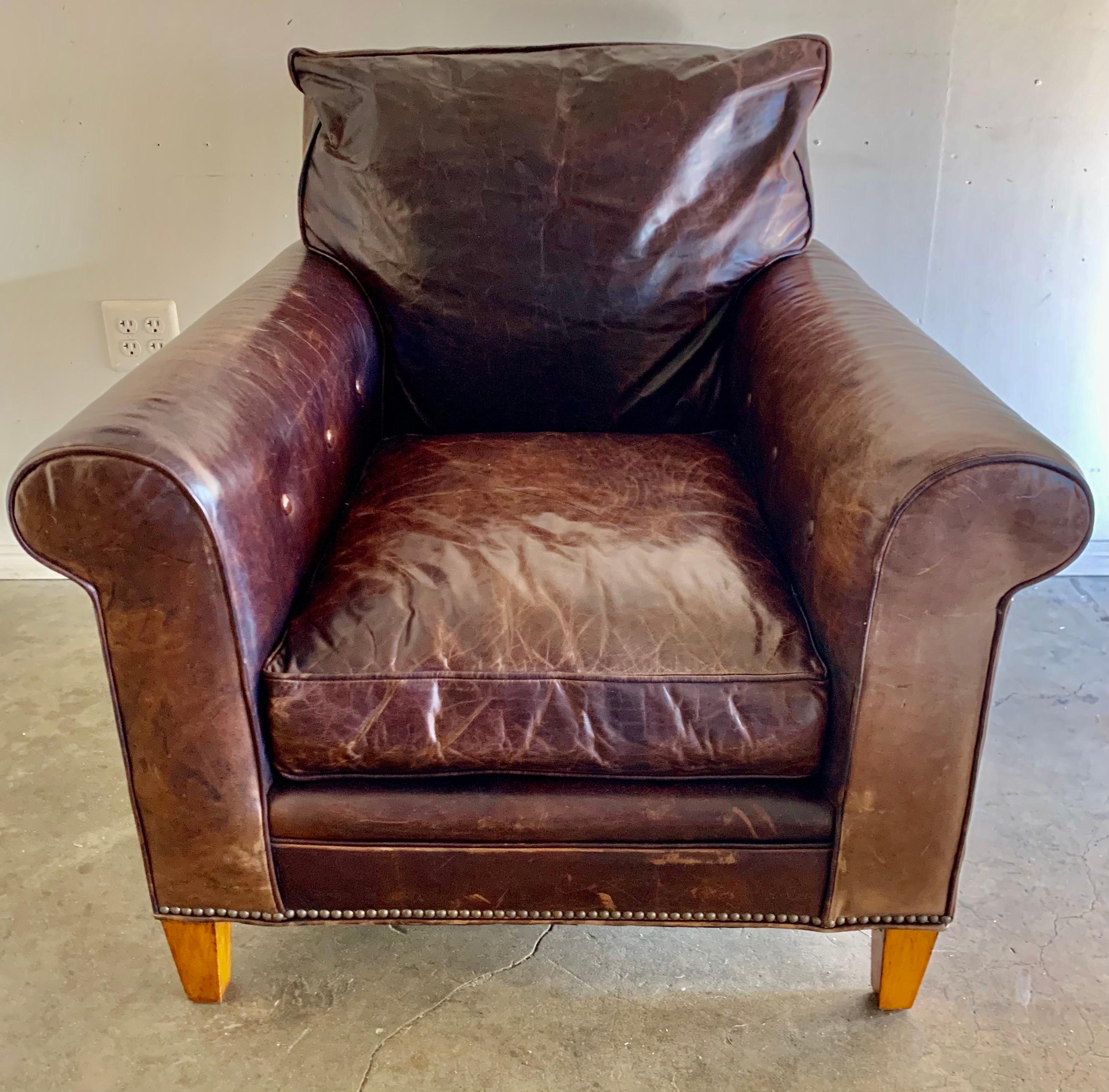 Pair of Vintage Leather Ralph Lauren Club Chairs, Mid-20th Century In Distressed Condition In Los Angeles, CA