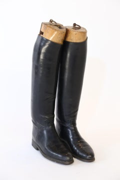 Pair of Vintage Leather Riding Boots with Wooden Stretchers