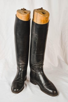 Pair of Vintage Leather Riding Boots with Wooden Stretchers