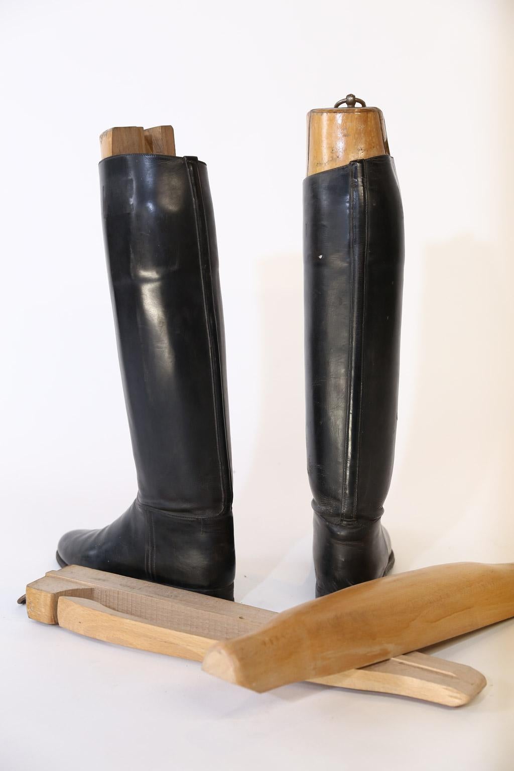 European Pair of Vintage Leather Riding Boots with Wooden Stretchers