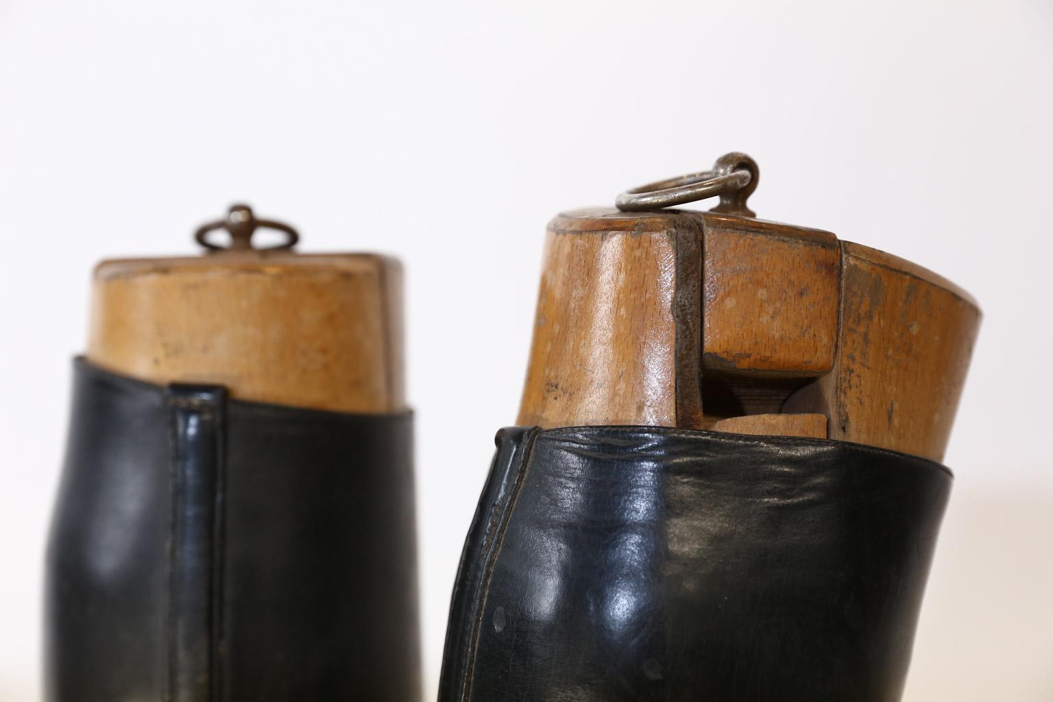 Pair of Vintage Leather Riding Boots with Wooden Stretchers In Good Condition In Houston, TX