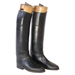 Pair of Vintage Leather Riding Boots with Wooden Stretchers