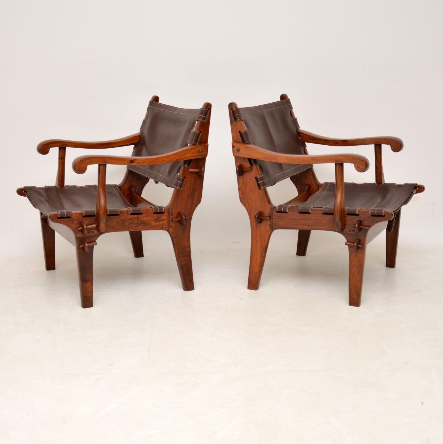 Mid-Century Modern Pair of Vintage Leather Safari Armchairs by Angel Pazmino