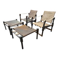 Pair of Vintage Leather Safari Chairs with Ottoman