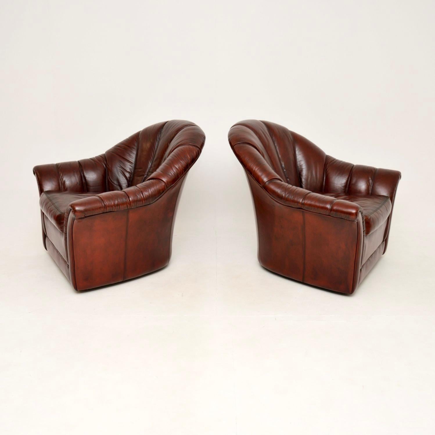 Mid-Century Modern Pair of Vintage Leather Scallop Back Armchairs