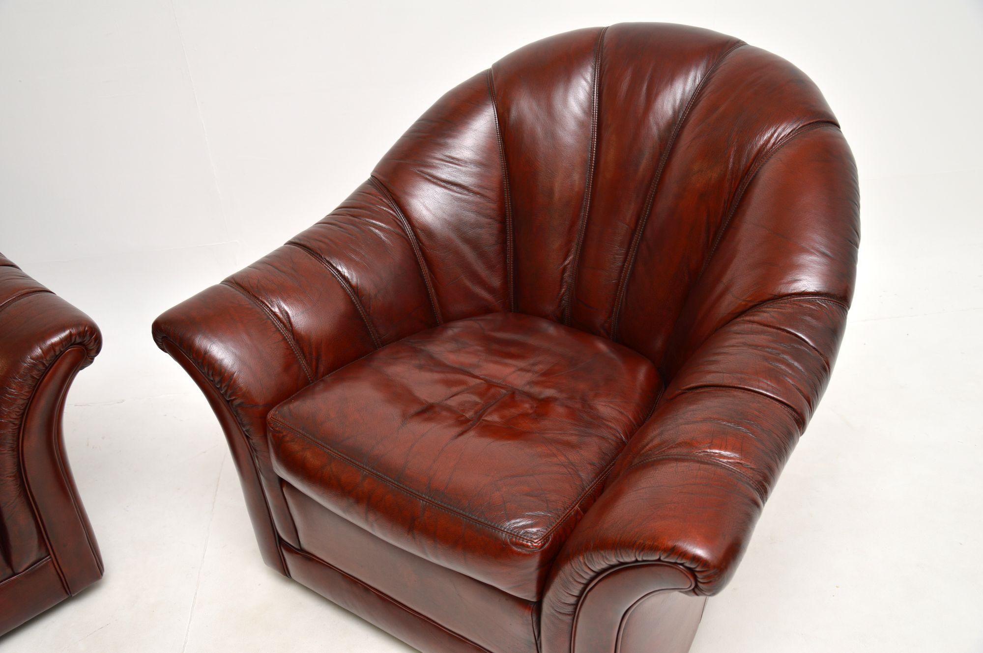 Late 20th Century Pair of Vintage Leather Scallop Back Armchairs