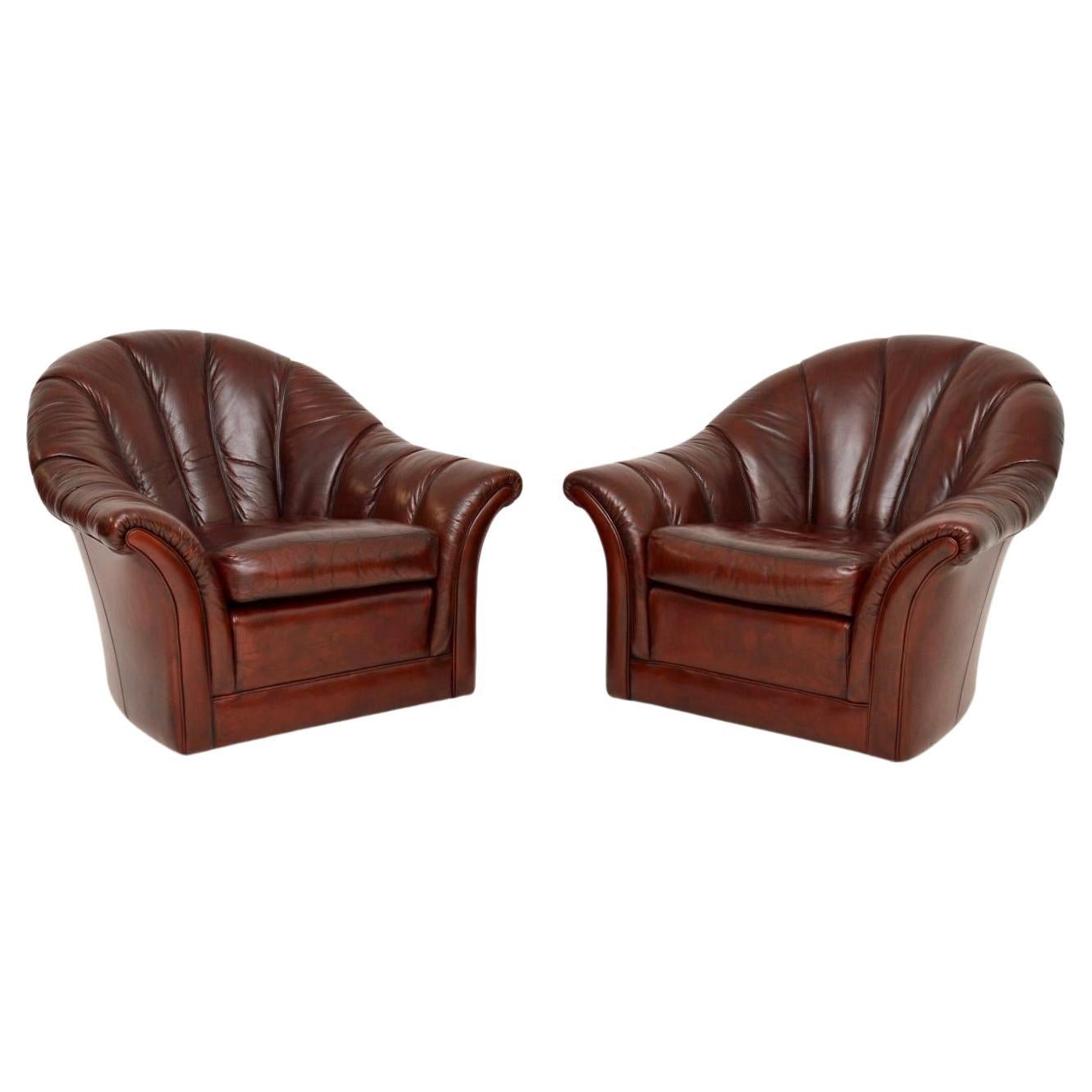 Pair of Vintage Leather Scallop Back Armchairs