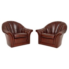 Pair of Vintage Leather Scallop Back Armchairs