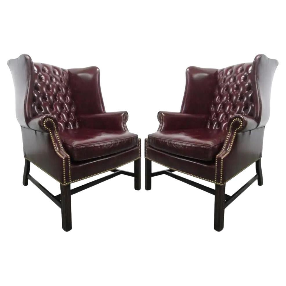 Pair of Vintage Leather Tufted Wingback Chairs For Sale