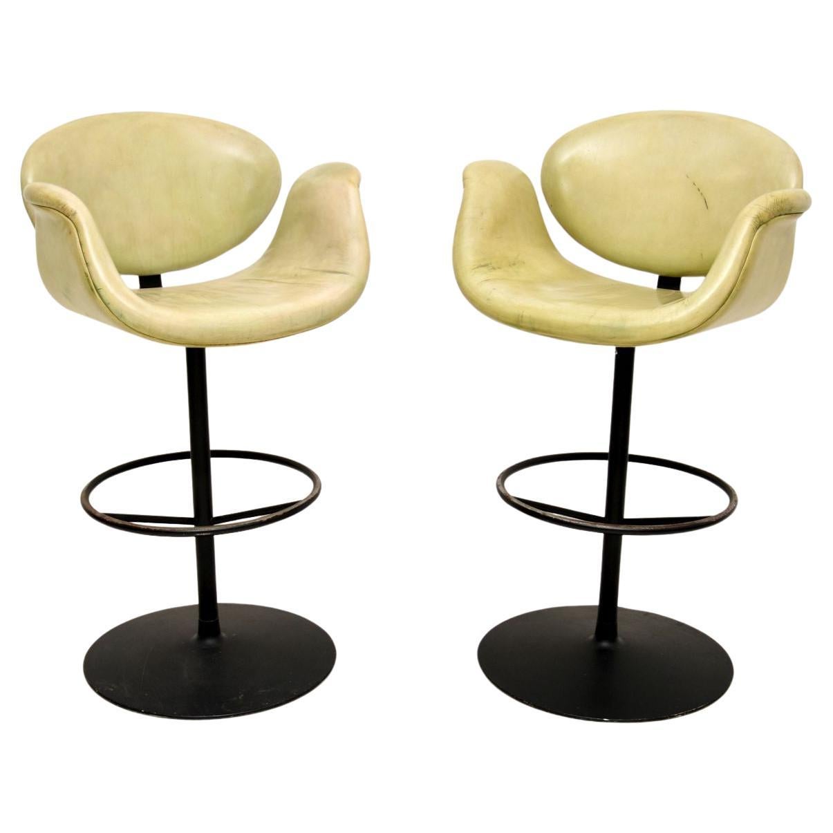 Pair of Vintage Leather Tulip Bar Stools by Pierre Paulin For Sale