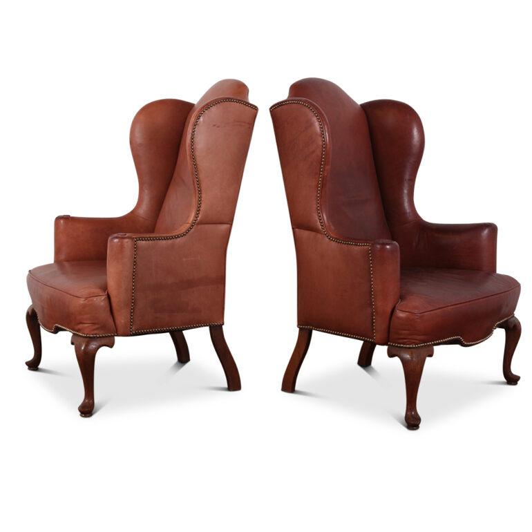 English Pair of Vintage Leather Wing back Armchairs