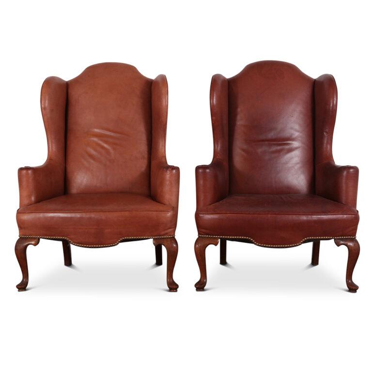 Mid-20th Century Pair of Vintage Leather Wing back Armchairs