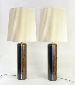 Pair of Vintage Leather-Wrapped Column Large Table Lamps with Chrome Accents