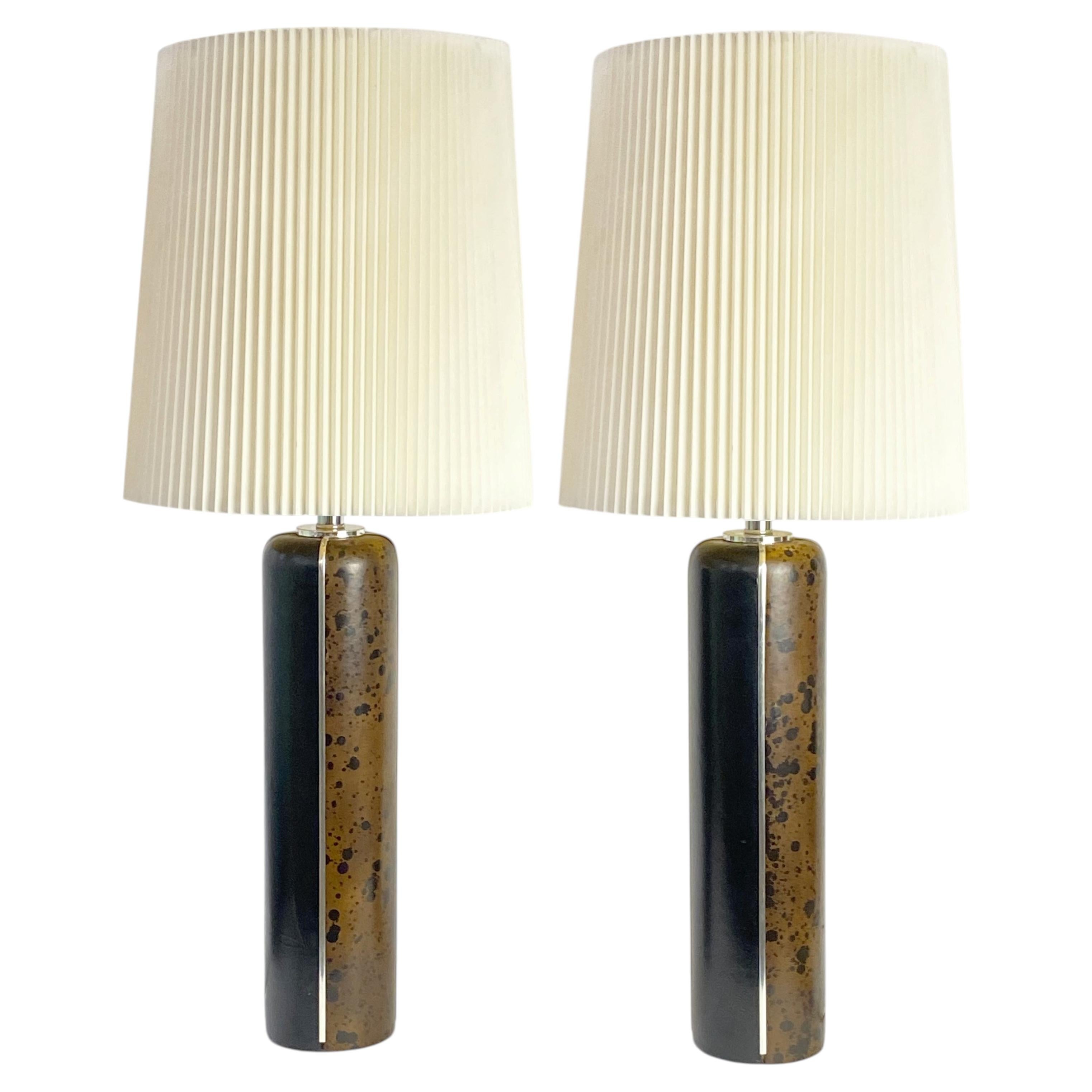 Pair of Vintage Leather-Wrapped Column Large Table Lamps with Chrome Accents