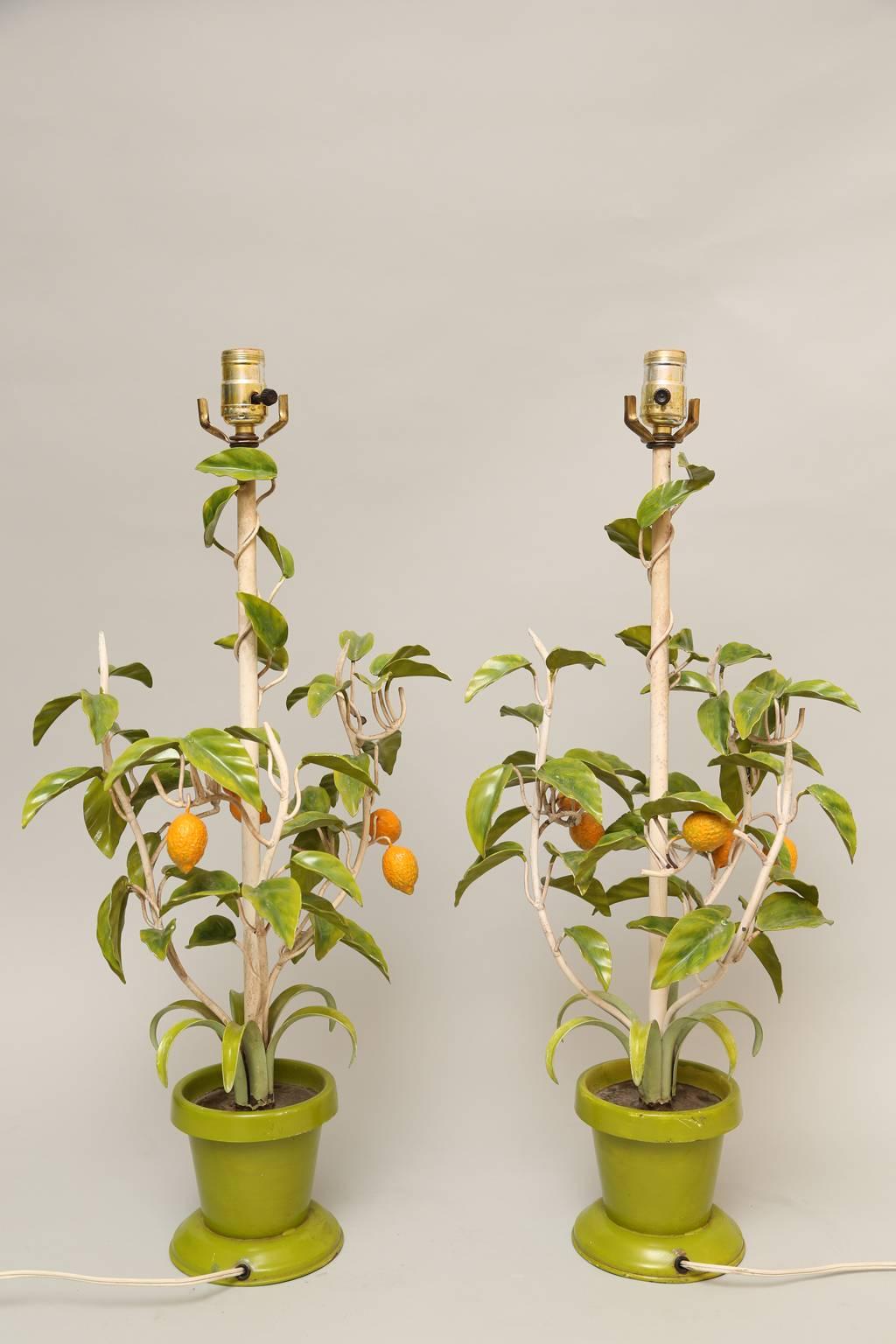 Metal Pair of Vintage Lemon Tree Lamps