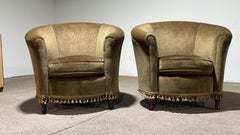 Pair of Vintage Library Barrel Chairs in Dark Green Fabric