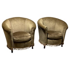 Pair of Vintage Library Barrel Chairs in Dark Green Fabric