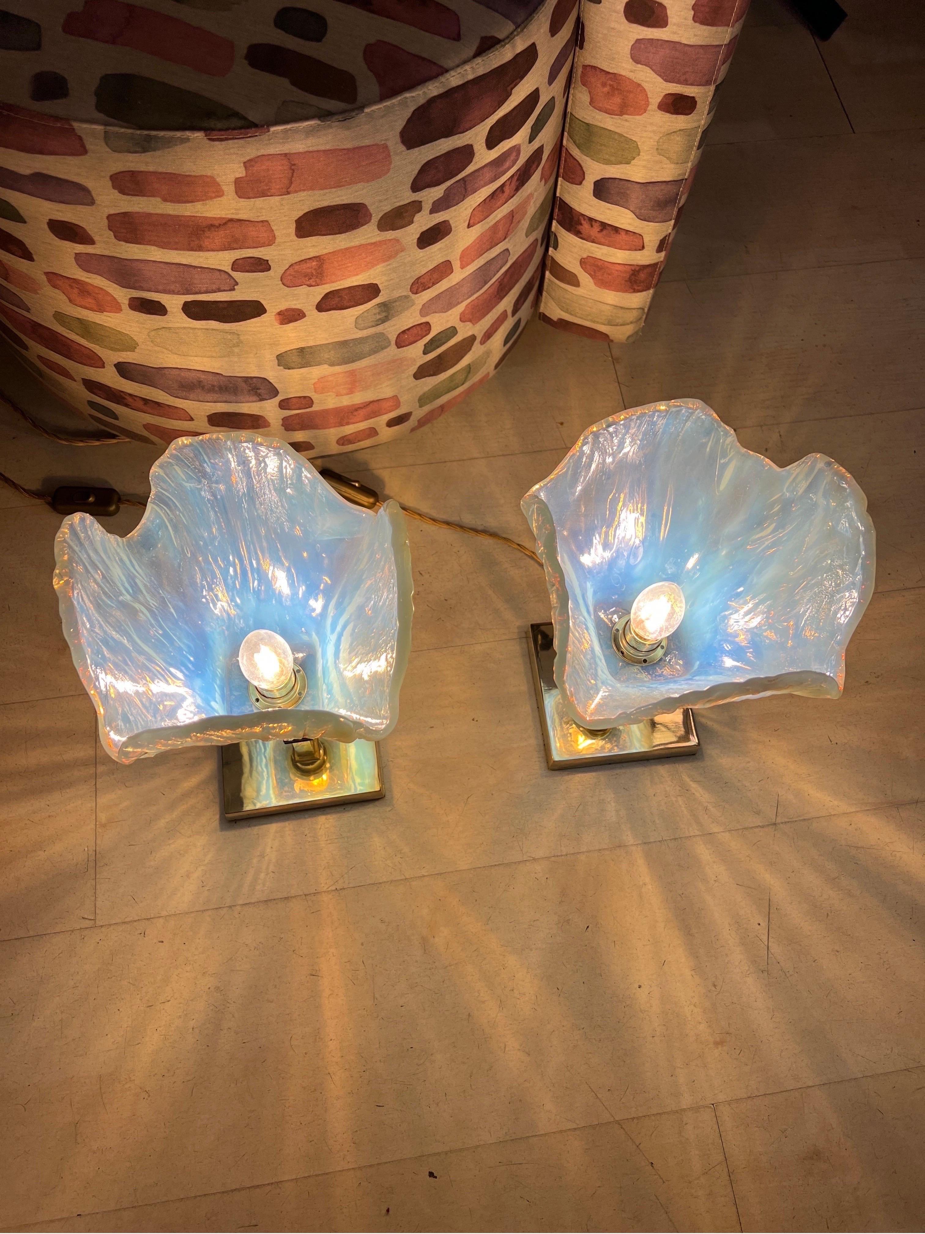 Pair of Vintage Light Blue Murano Glass Flower Table Lamps, 1950s 3