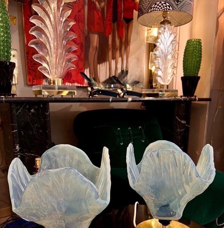 Pair of Vintage Light Blue Murano Glass Flower Table Lamps, 1950s 11