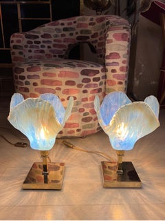 Pair of Vintage Light Blue Murano Glass Flower Table Lamps, 1950s