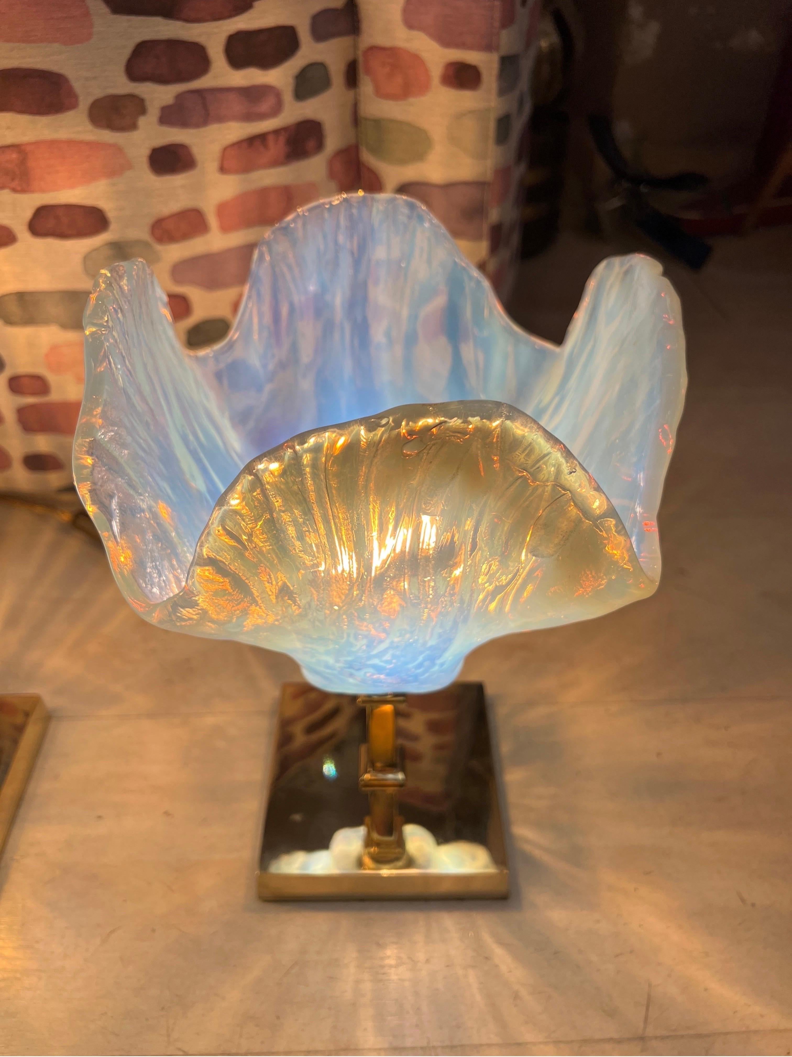 Pair of Vintage Light Blue Murano Glass Flower Table Lamps, 1950s In Excellent Condition In Florence, IT